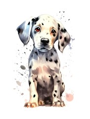 Cute Dalmatian puppy on white background, cartoon watercolor illustration. Generative AI.