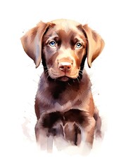 Cute chocolate Labrador dog on white background, cartoon watercolor illustration. Generative AI.