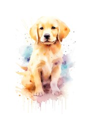 Cute golden Labrador Retriever puppy on white background, cartoon watercolor illustration. Generative AI.