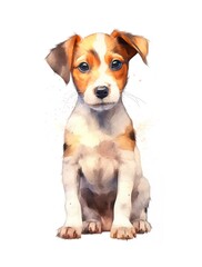 Cute Jack Russell Terrier puppy on white background, cartoon watercolor illustration. Generative AI.