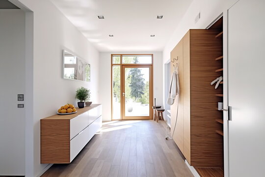 Interior of the bright hall or corridor at home. Minimalistic Scandinavian design with white color and wood. Lot of light