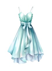 Watercolor illustration of a light blue female dress isolated on white background. Generative AI.