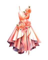 Ped female dress with voluminous flowers on white background in watercolor style. Generative AI.