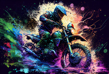 Watercolour abstract painting of an off-road motorcycle and rider where the motorbike is driving through mud, dirt and water at an extreme sport event, computer Generative AI stock illustration
