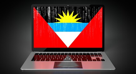 Antigua and Barbuda - country flag and binary code on laptop screen - 3D illustration