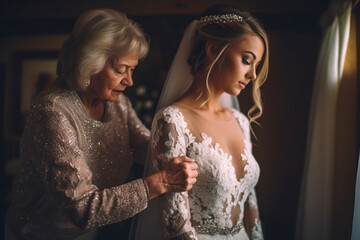 The bride's mother helping her put on her wedding dress. Wedding, preparations for the wedding, bokeh Generative AI