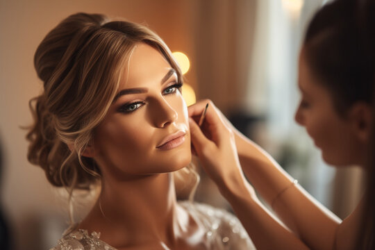 The bride having her makeup applied by a makeup artist. Wedding, preparations for the wedding, bokeh Generative AI