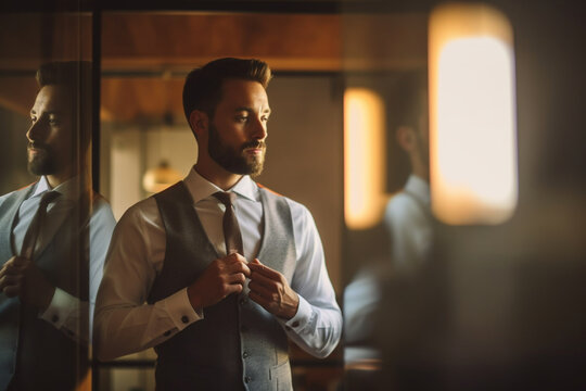 The groom adjusting his tie in front of a mirror. Wedding, preparations for the wedding, bokeh Generative AI