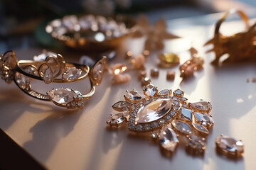The bride's wedding jewelry being laid out on a table. Wedding, preparations for the wedding, bokeh Generative AI