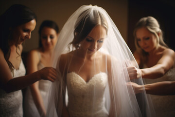 Naklejka premium The bride's bridesmaids helping her put on her veil. Wedding, preparations for the wedding, bokeh Generative AI
