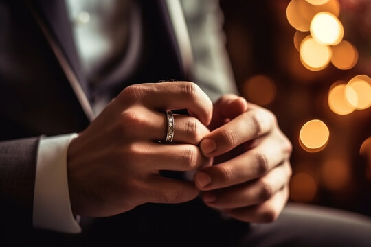 The groom putting on his wedding band. Wedding, preparations for the wedding, bokeh Generative AI