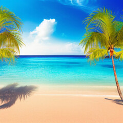Obraz na płótnie Canvas The beach is bright, palm trees sand water, rest on the beach, Generative ai