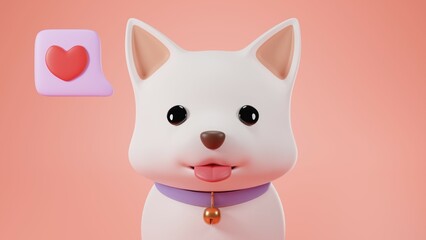 Obraz premium 3D Render. Pink background with a 3D Puppy with cute white color wearing a blue dog collar think about your heart.