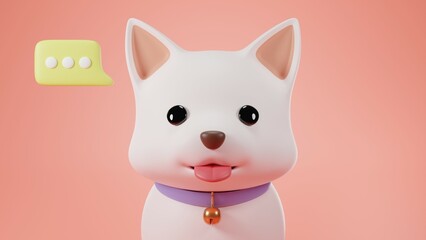 3D Render. Pink background with a 3D Puppy with cute white color wearing a blue dog collar think about something.
