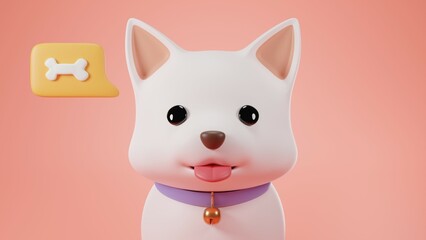 Obraz premium 3D Render. Pink background with a 3D Puppy with cute white color wearing a blue dog collar think about a sweet bone.