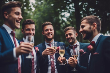 The groom and his groomsmen sharing a toast before the ceremony. Wedding, preparations for the wedding, bokeh Generative AI