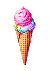 Watercolor illustration of a rainbow ice cream in a waffle cone isolated on white background. Generative AI.