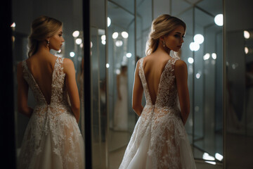 Naklejka premium The bride's reflection in a mirror as she admires herself in her wedding gown. Wedding, preparations for the wedding, bokeh Generative AI