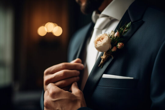 The groom's boutonniere being pinned to his lapel. Wedding, preparations for the wedding, bokeh Generative AI