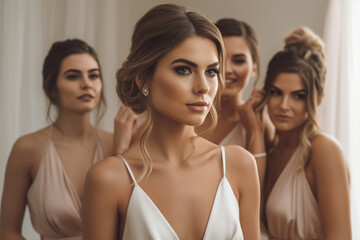 The bride's bridesmaids helping her with the final touches of her bridal look. Wedding, preparations for the wedding, bokeh Generative AI