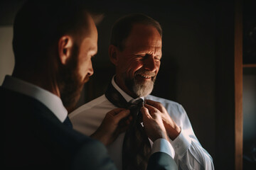 The groom's father adjusting his son's tie with pride. Wedding, preparations for the wedding, bokeh Generative AI - obrazy, fototapety, plakaty