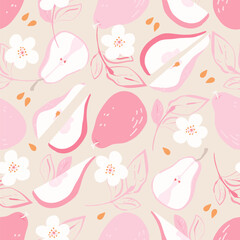 Pink Pears seamless vector pattern. Pears, flowers and leaves on beige backgкound. Summer fruit hand drawn style illustration for greeting card, fabric, wallpaper or wrapping paper