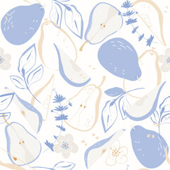 Pear Fruits and leaves blue and beige outline Seamless Pattern. Summer pastel color hand drawn juicy vector illustration on white background for greeting card, fabric, wallpaper or wrapping paper