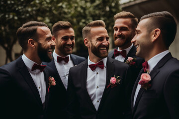 The groom and his groomsmen sharing a heartfelt moment of camaraderie before the ceremony begins. Wedding, preparations for the wedding, bokeh Generative AI