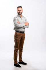 Indian man giving expression on white background.