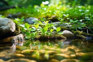 Fototapeta na wymiar Close up stream of fresh water with young green plants. Spring nature concept. Generative AI
