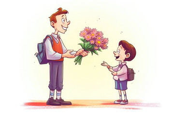 Cartoon schoolboy giving flowers to the teacher on the first day of school. Generative AI
