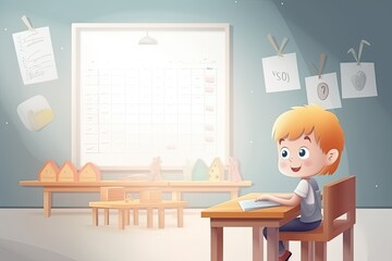 Cartoon schoolboy in the classroom at the lesson on the blackboard background. Preparation for school. School concept, distance learning. Generative AI