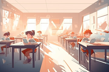 Fototapeta na wymiar Illustration of schoolchildren or students in the classroom doing their homework. Generative AI