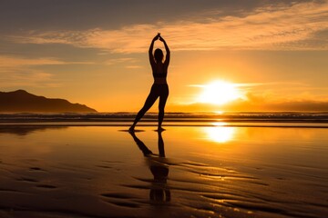 Sunset Yoga: Woman Practicing Yoga on a Serene Beach during the Golden Hour. Generative Ai