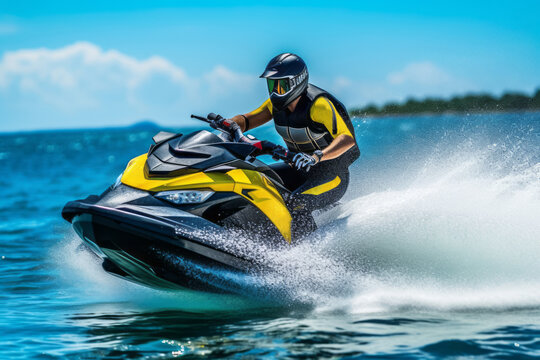 An action-packed image featuring engaging in thrilling water sports such as jet skiing. Concept the spirit of adventure and summer excitement. Generative AI