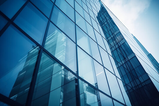 Glass architecture of modern office building facade against sky, Low angle view, Generative AI