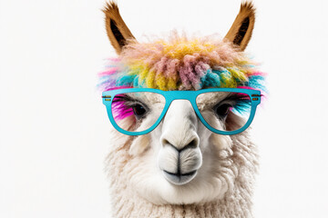 Cartoon colorful lama with sunglasses on isolated background. Created with generative ai - obrazy, fototapety, plakaty