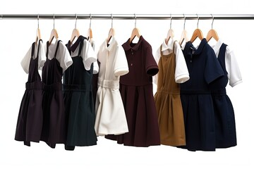 A variety of school uniforms for girls on hangers. Generative AI