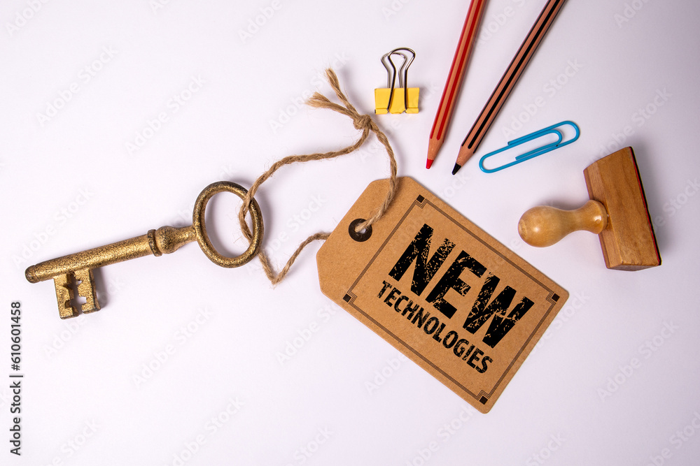 Sticker new technologies concept. price tag with text and golden key on white background