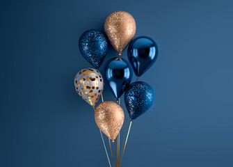 Set of 3d render isolated balloons on ribbons. Realistic decoration background for birthday, anniversary, wedding, holiday, promotion banners. Dark blue and gold glitter color composition.