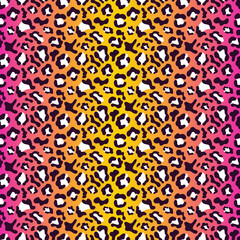 Multicolored Leopard Seamless Pattern. Pink and yellow background, black and white spots. Long rectangular print
