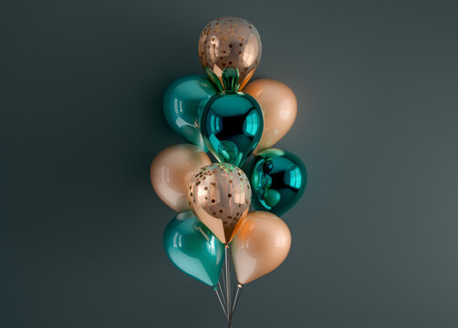 Set of 3d render isolated balloons on ribbons. Realistic decoration background for birthday, anniversary, wedding, holiday, promotion banners. Dark green and gold glitter color composition.
