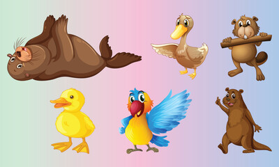 Many wild animals with different pose on gradient background