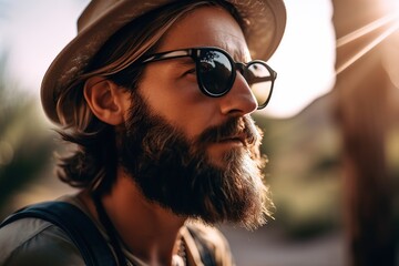 Portrait of young Caucasian man with beard and sunglasses, on summer vacation. Generative AI