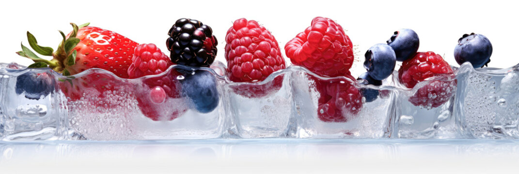 Halb in Eisw&uuml;rfel eingefrorene Erdbeeren, Himbeeren, Brombeeren und Blaubeeren isoliert vor wei&szlig;em Hintergrund im Panorama-Format. Generative AI