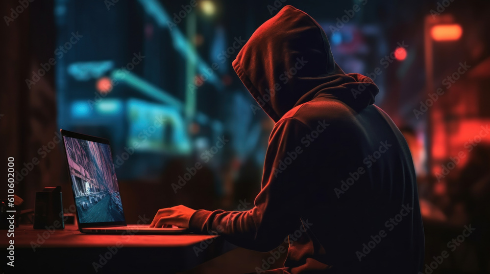 Poster developer or the hacker or player is seen from the back in a dark sweatshirt. neon background