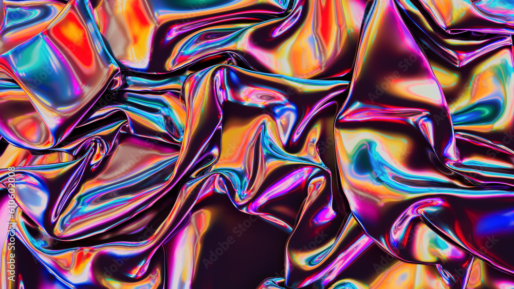 Poster abstract 3d rendering. retro digital fabric. sci-fi background. holographic neon foil. rainbow refle