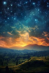 Fototapeta premium Beautiful celestial sky in dreamy fantasy with bright star in the sky over nature landscape. distinct generative AI 