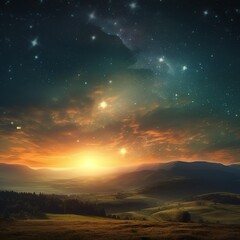 Fototapeta premium Beautiful celestial sky in dreamy fantasy with bright star in the sky over nature landscape. distinct generative AI 
