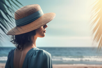 Summer beach vacation concept. Woman with hat relaxing at the seaside and looking away. Generative AI
